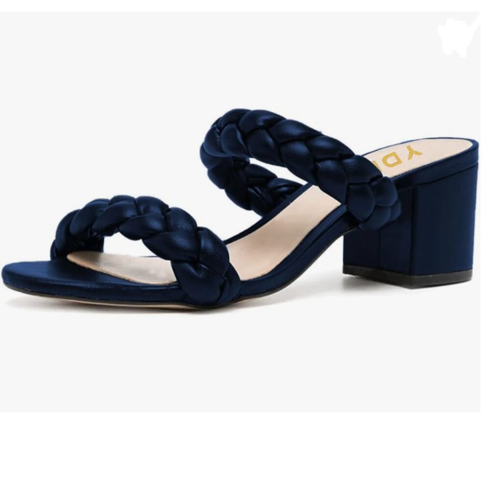 YDN Navy Blue Braided Block Heel Slip On Sandals